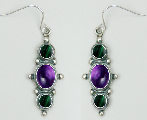 Sterling Silver Drop Dangle Earrings With Amethyst And Malachite